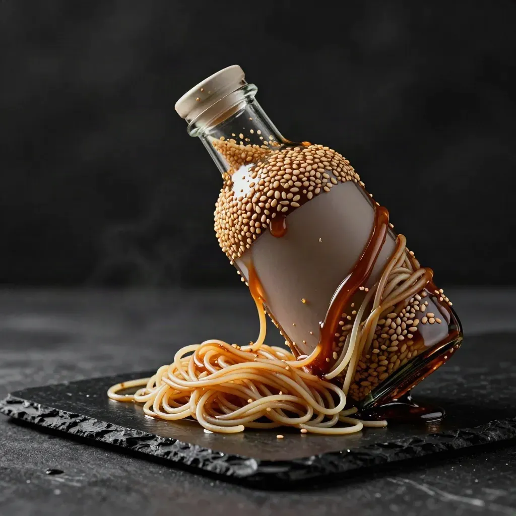 Sesame tare bottle leaning on noodles with soy gloss and sesame seeds on black stone.