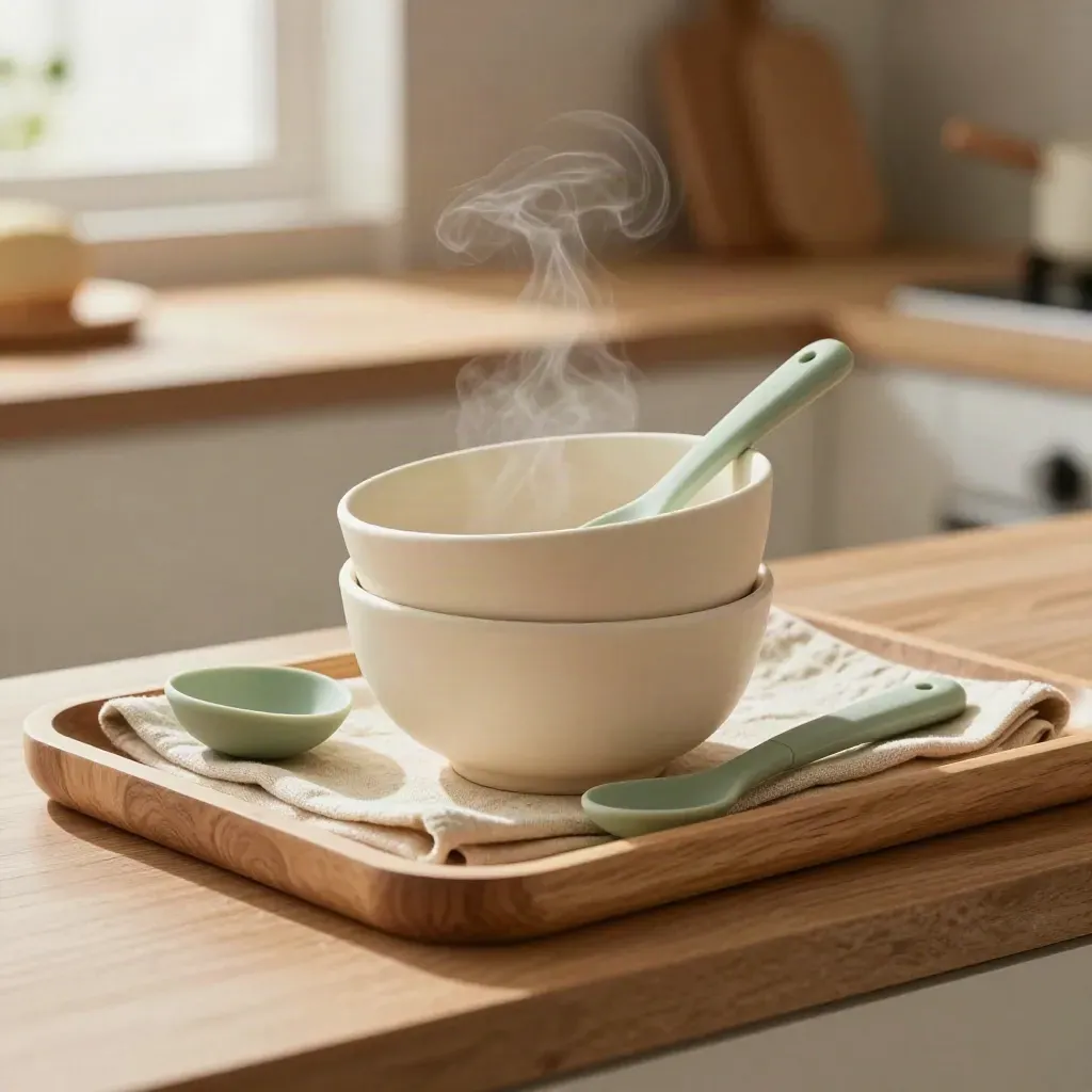 Kids' noodle bowl set stacked with spoon and dip dish on a warm kitchen tray.