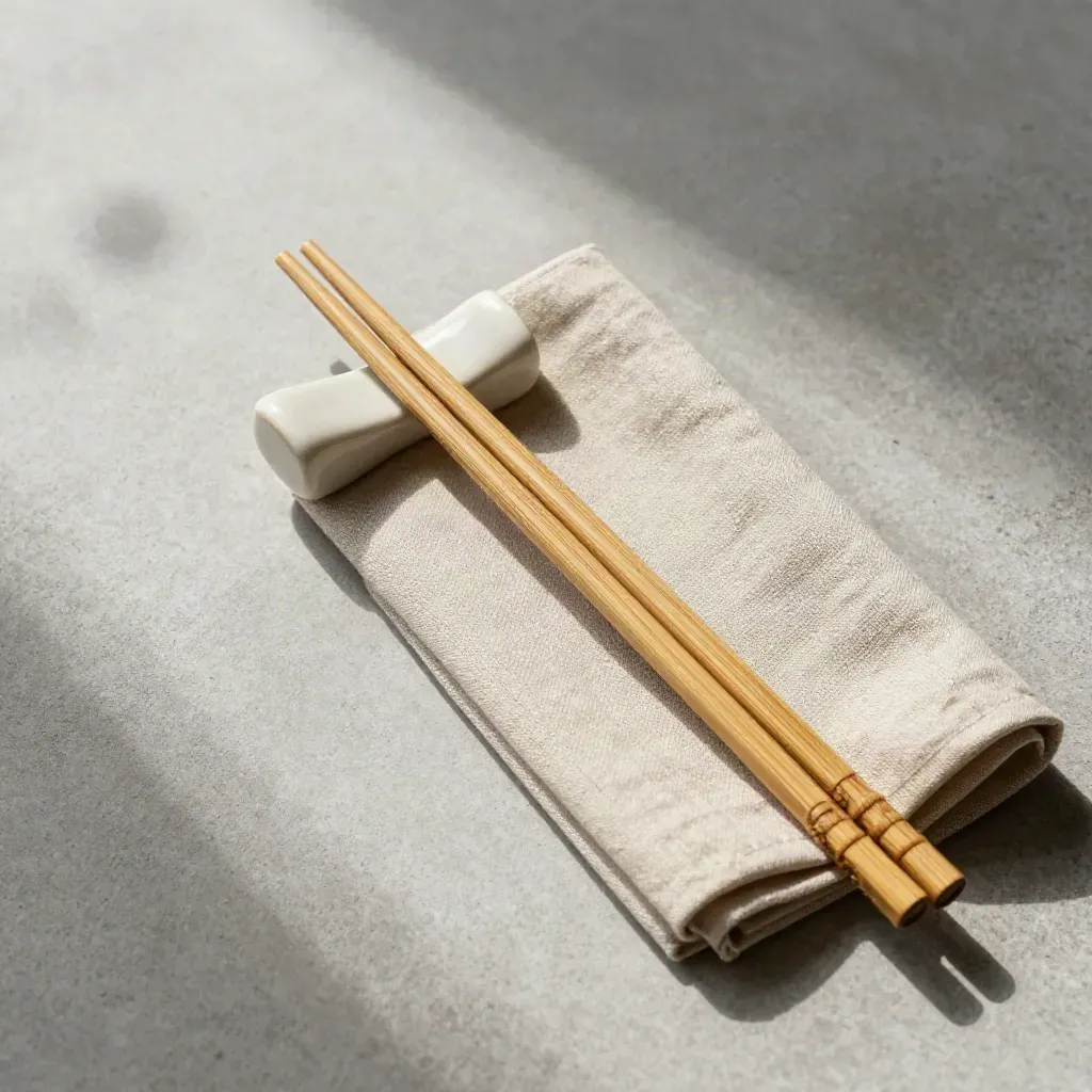 Crossed bamboo chopsticks, rests, linen napkin, and dipping saucer on pale concrete.