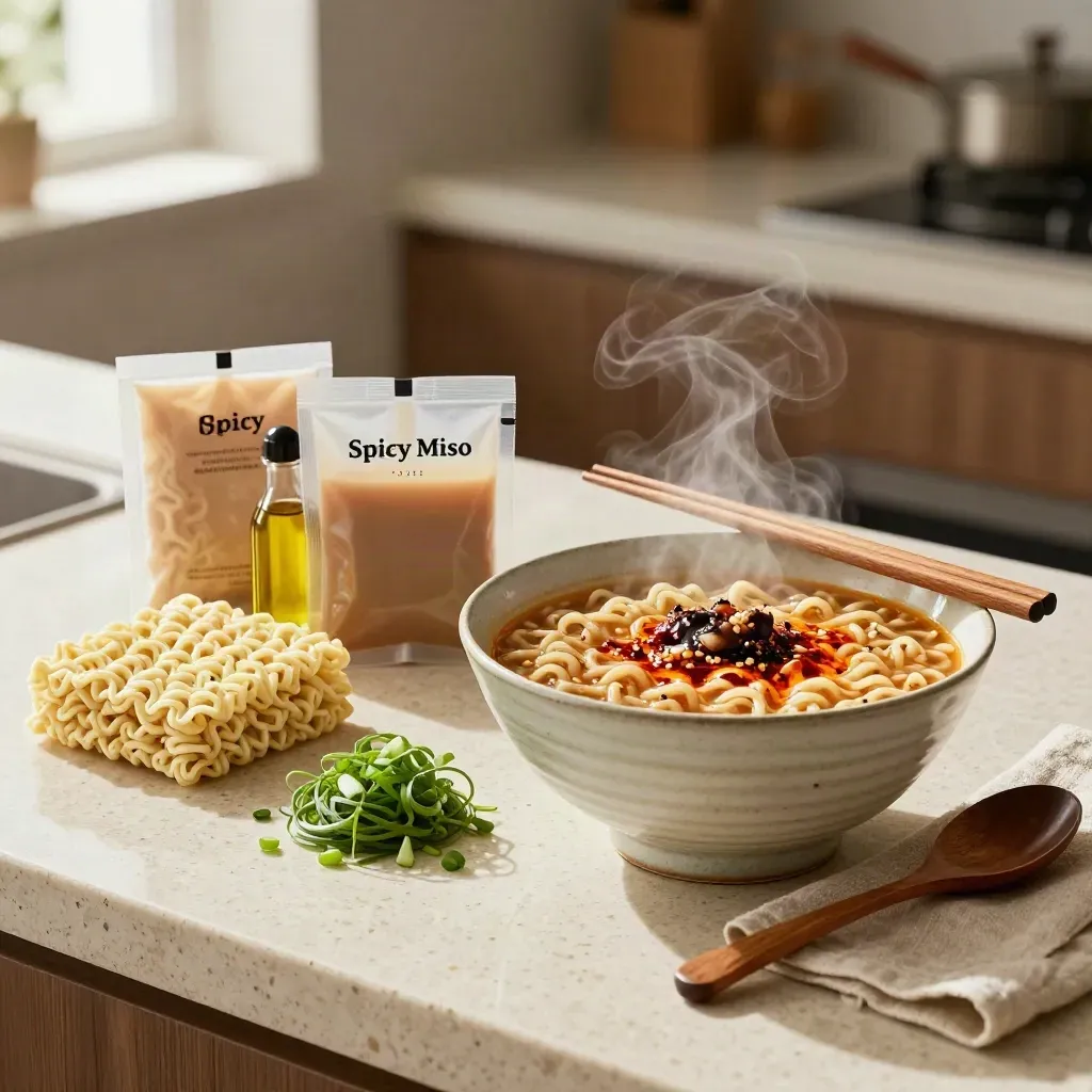 Open spicy miso ramen kit beside a steaming bowl on travertine, with sesame oil and scallions.