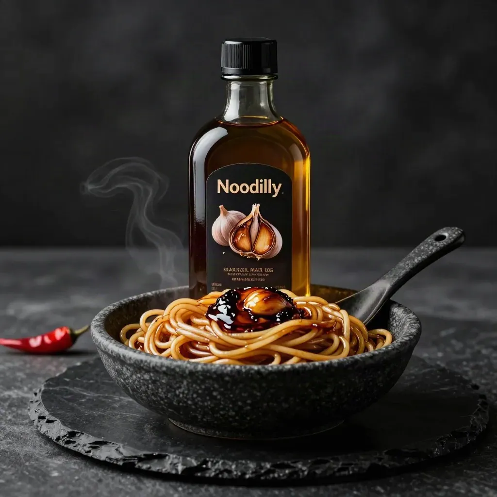 Black garlic oil bottle with glossy noodles, roasted garlic, and a stone spoon on dark stone.