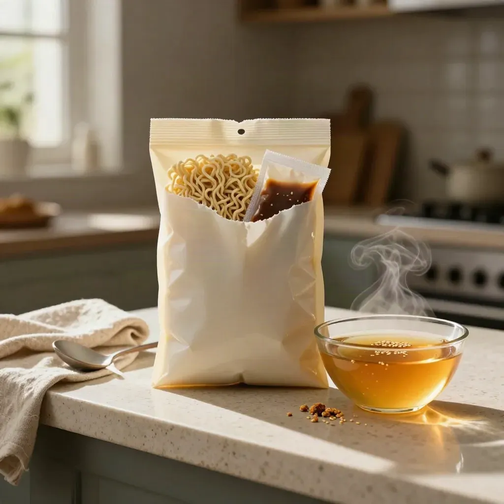 Open curry noodle pack with dried noodles and glowing broth on a stone kitchen shelf.