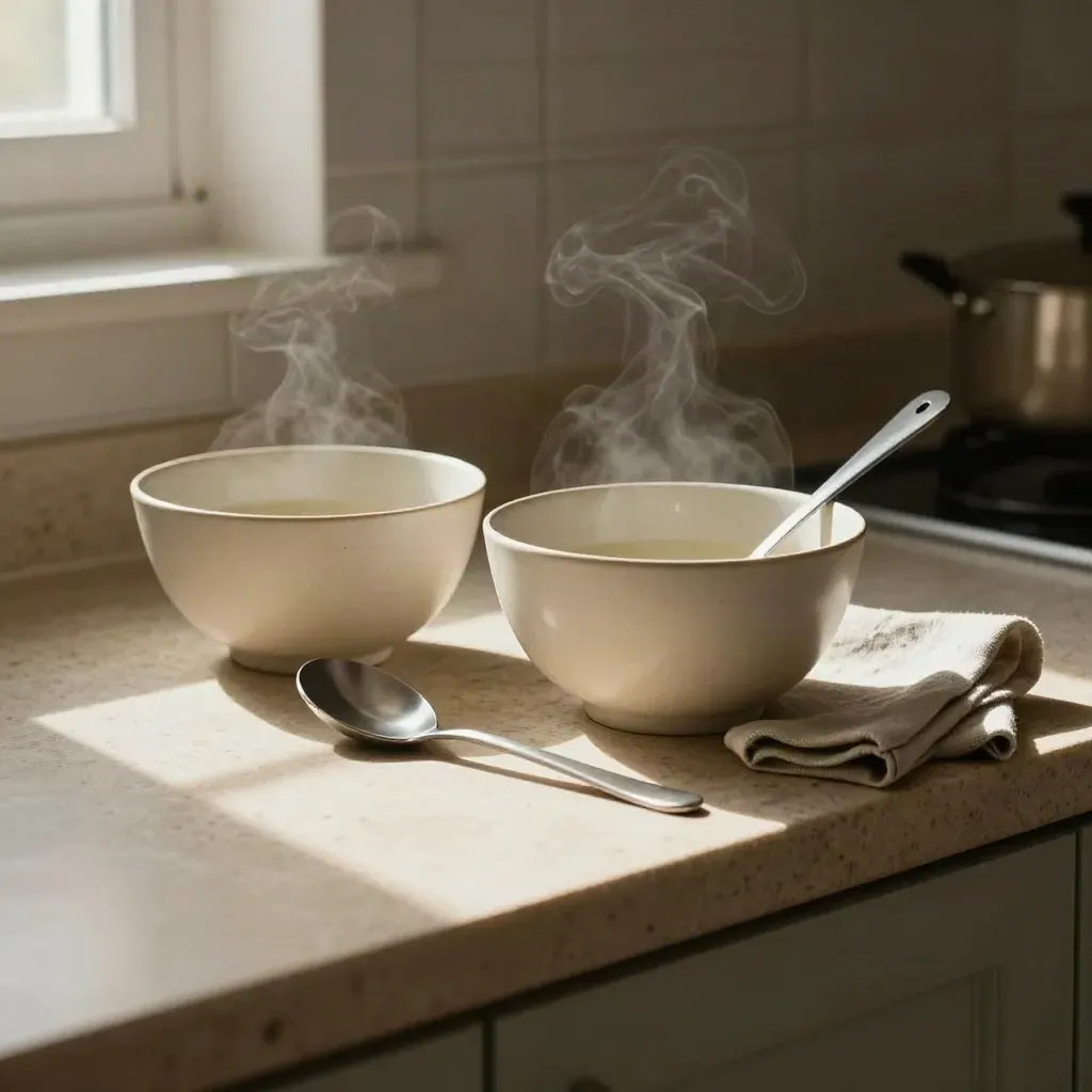 Porcelain soup bowls with ladle, spoon, and sage linen napkin on a limestone counter