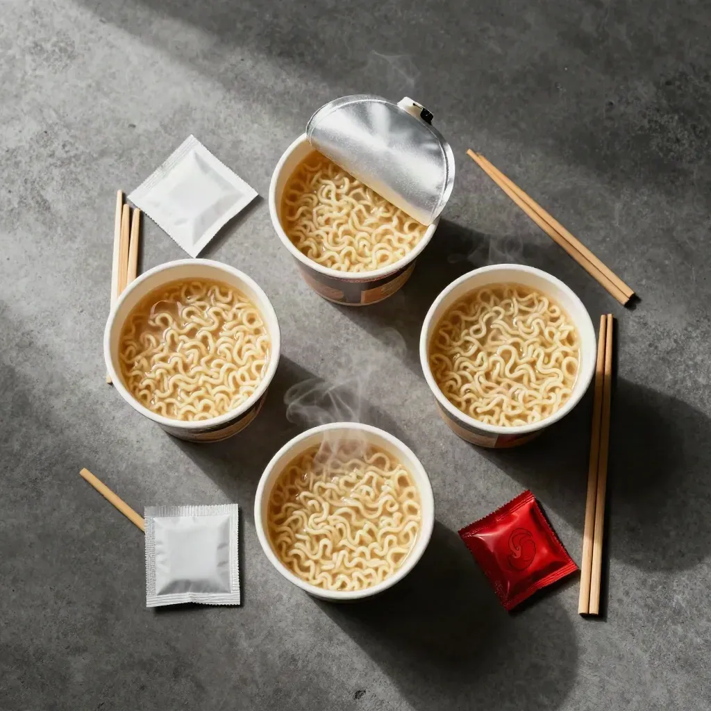 Overhead flatlay of open snack ramen cups with sachets and tiny chopsticks on concrete