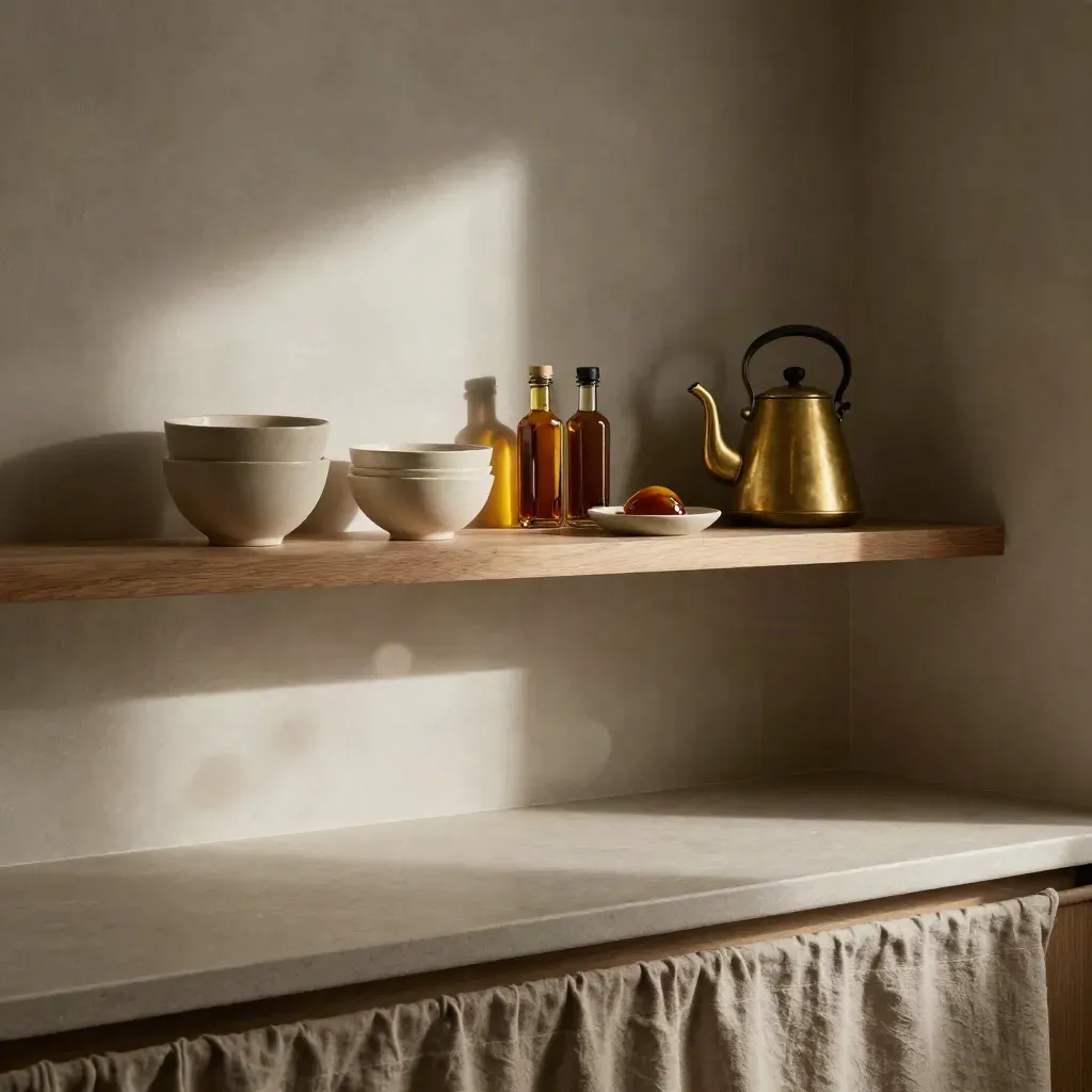 Pantry countertop with olive wood shelves, brass kettle, bowls, and amber oil bottles in soft light.