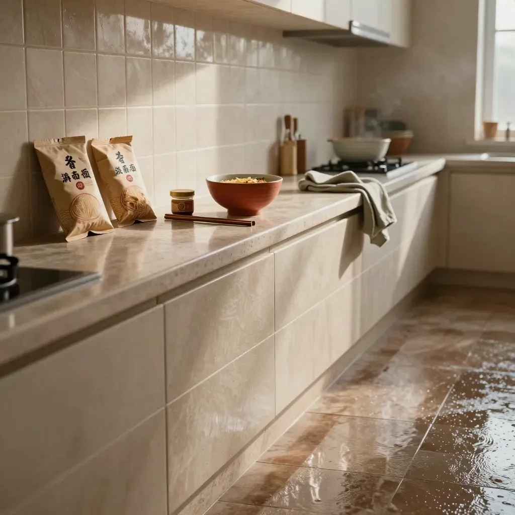 Sunlit tiled kitchen arcade with noodle packs, bowls, stone ledge and rain reflections.