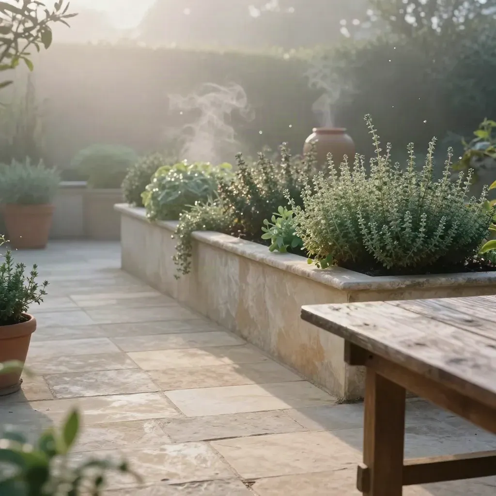 Misty herb courtyard with potted greens, wooden table edge, and steam rising in dawn light.