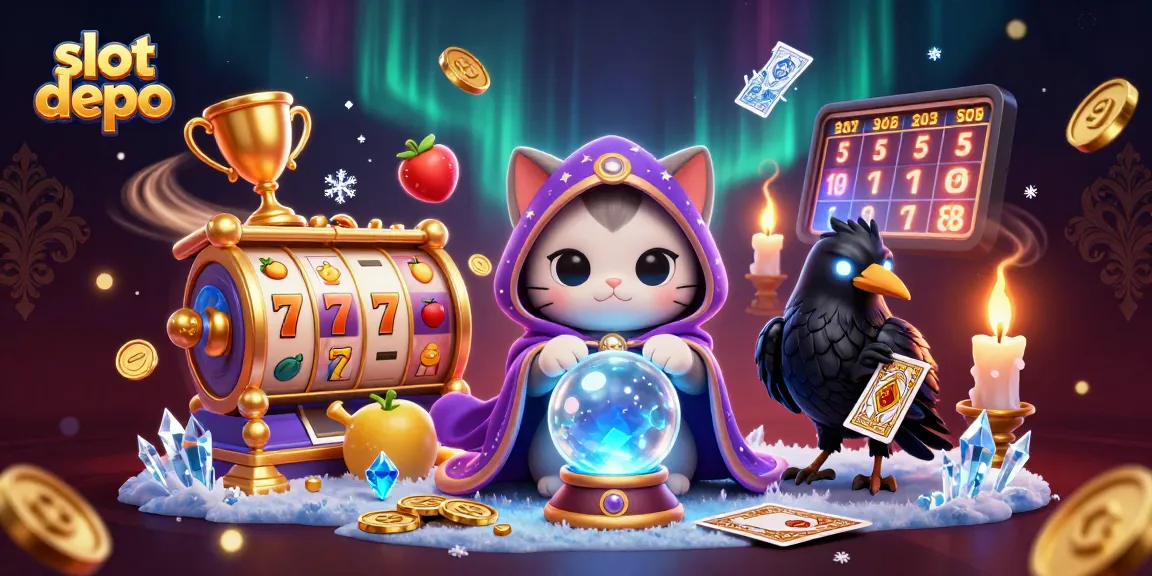 Experience slot depo excitement with the vibrant mystic cat and tarot raven, showcasing thrilling gambling elements.