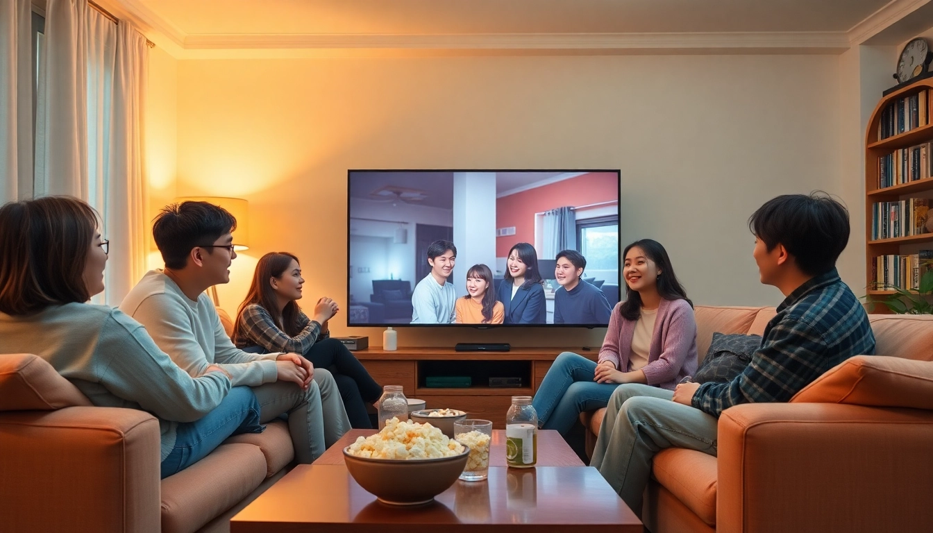 Friends enjoying a movie night while they watch Korean drama online in a cozy living room setting.