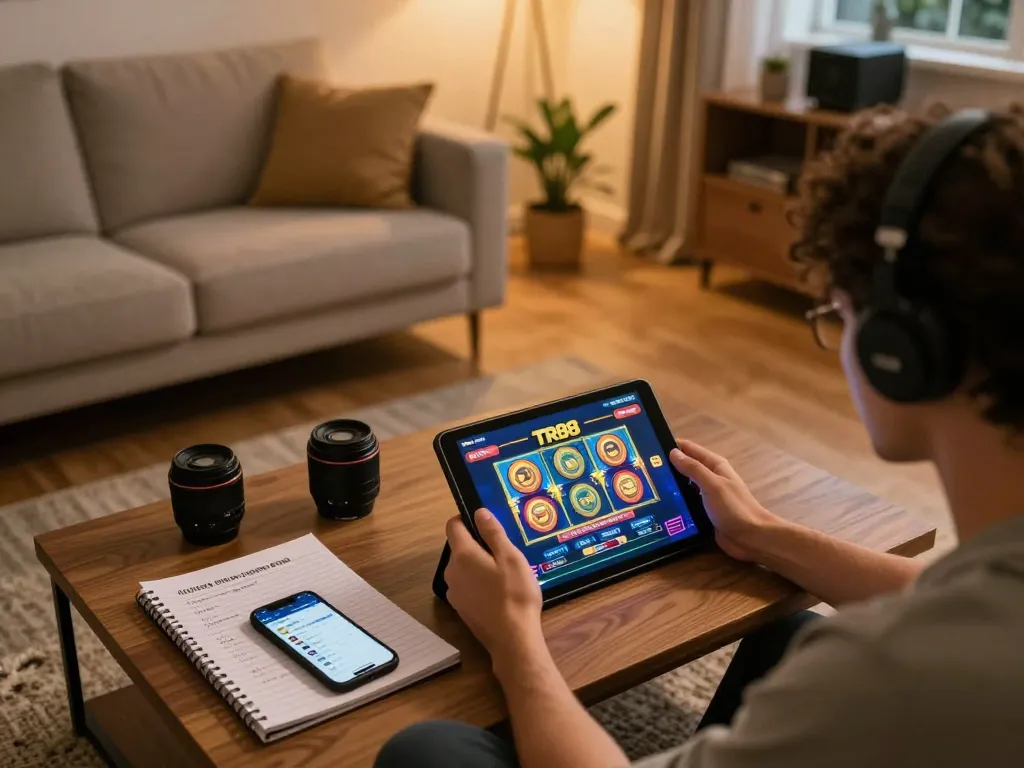 Player enjoying TR88 online slots on a tablet in a cozy home setting with betting notes.