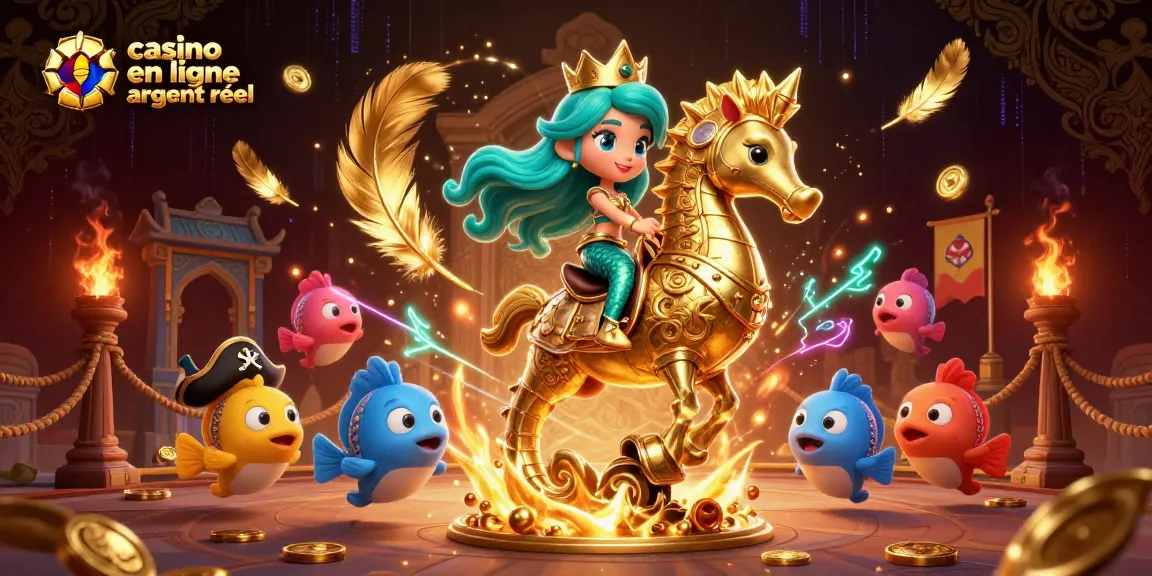 Expérimentez le casino en ligne argent réel avec une princesse sirène et un hippocampe en armure dans une scène vibrante.