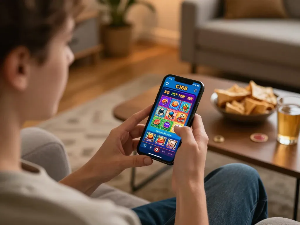 C168 đăng nhập on smartphone app, showcasing a vibrant and engaging online gambling experience in a cozy home.