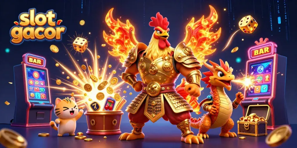 Slot gacor dengan simbol jackpot dan karakter menarik saat bermain kasino online.