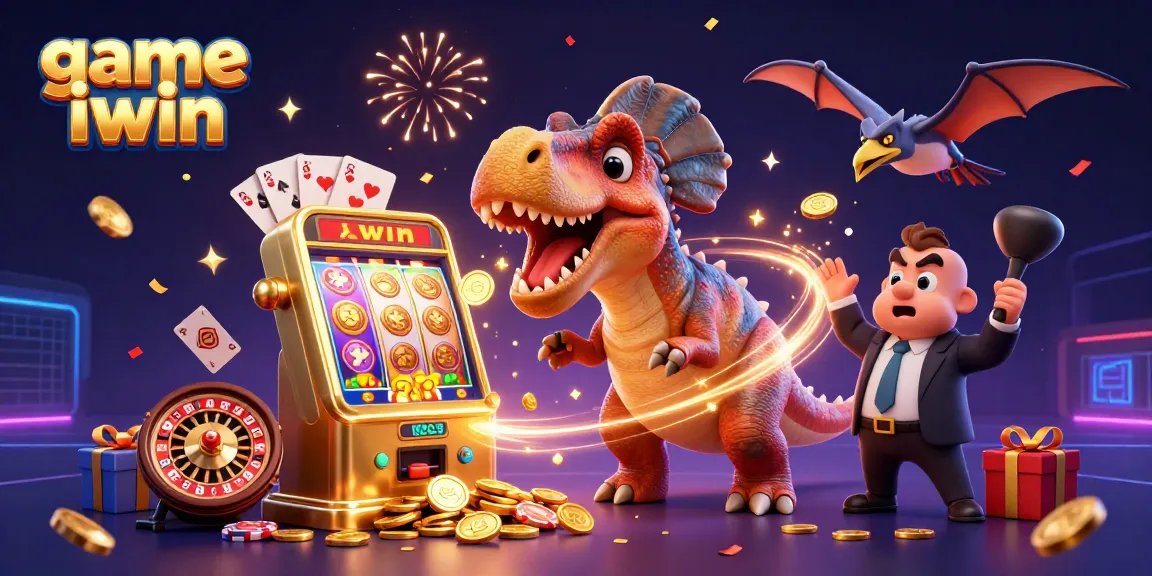 Experience the excitement of game iwin as cartoon dinosaurs tackle a golden slot machine!