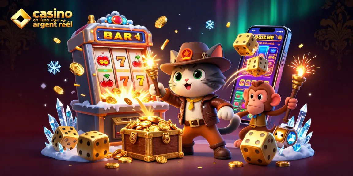 Illustration dynamique d'un chat archéologue découvrant un artefact de casino en ligne argent réel.