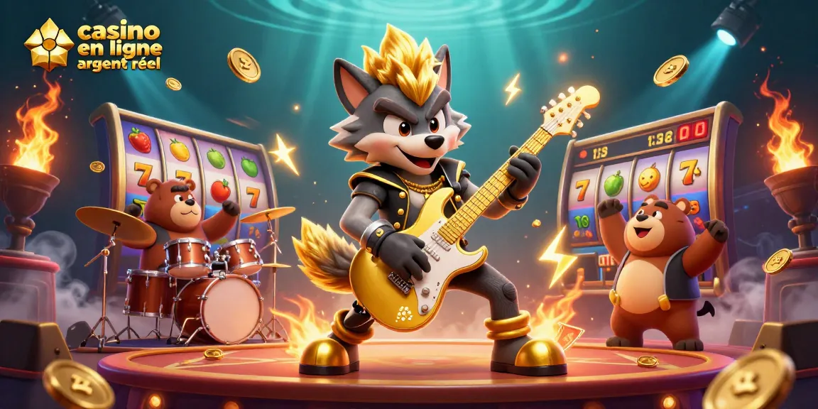 Une illustration 3D dynamique illustrant le casino en ligne argent réel avec un loup rock star et un ours batteur.
