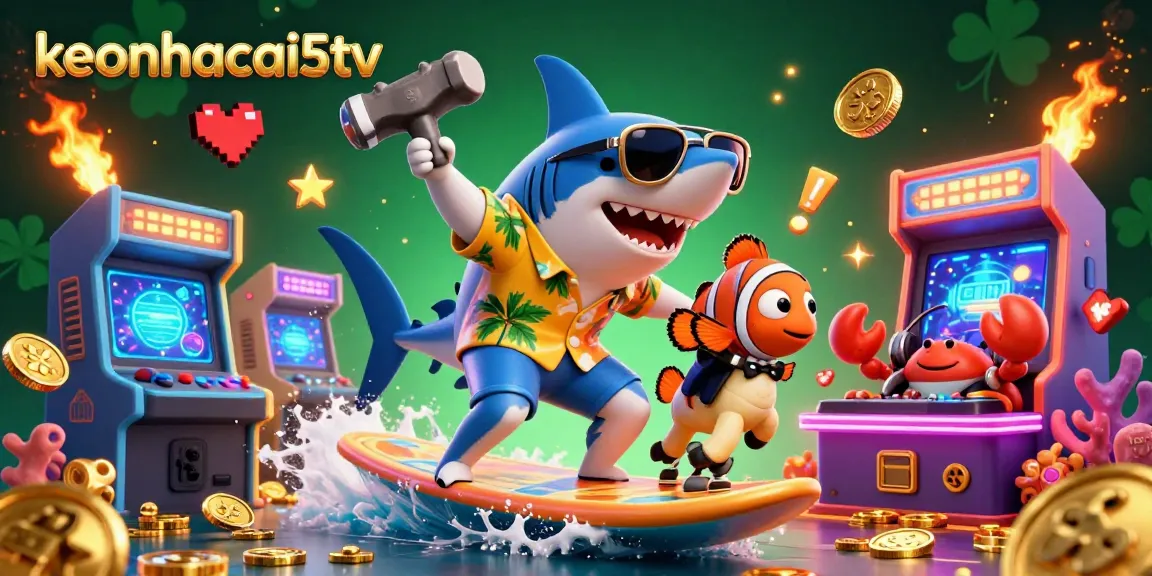 Experience gaming excitement with keonhacai5tv as a shark surfs on gold coins, showcasing casino thrill.