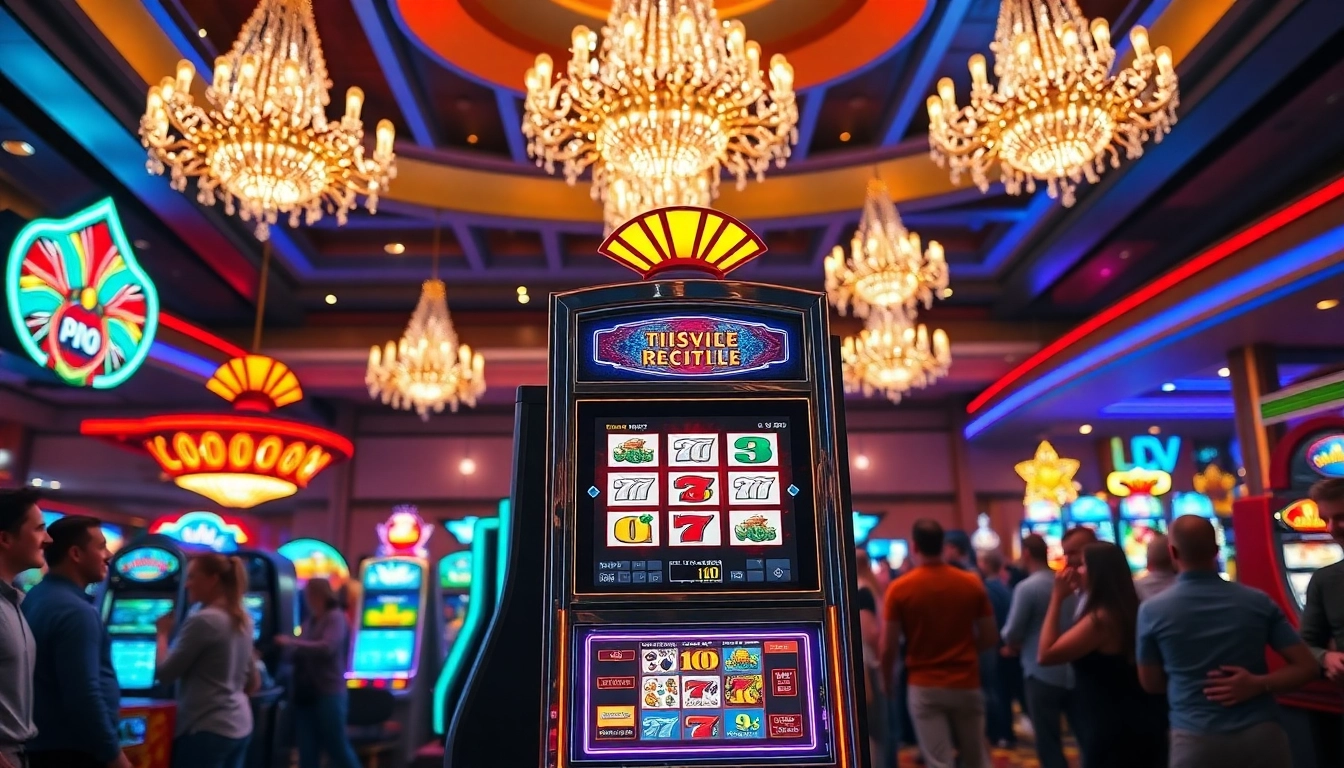 Menang besar di slot gacor dengan mesin yang berkilau dan orang-orang merayakan di kasino.