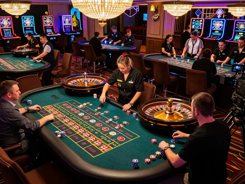 Players enjoying roulette tables at cm88-t1 casino floor, showcasing vibrant gaming excitement with colorful chips.