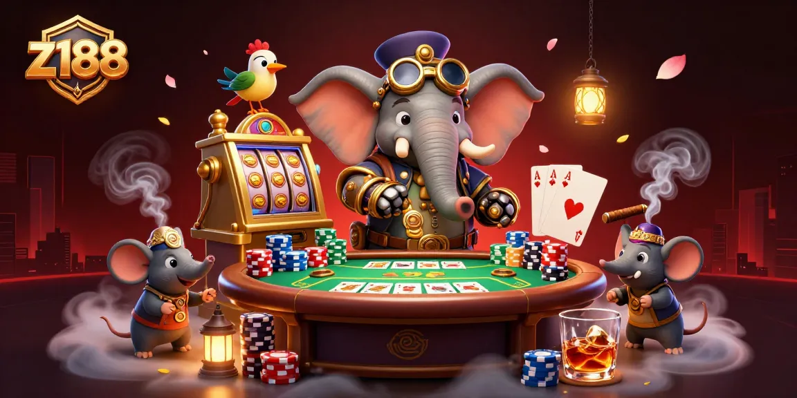 Spin the golden slot machine with z188's steampunk elephant engineer and vibrant casino elements.