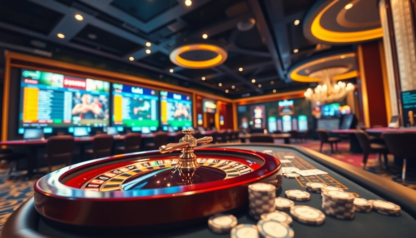 Exciting llink alternatif sbobet sports betting scene with roulette wheel and poker table.