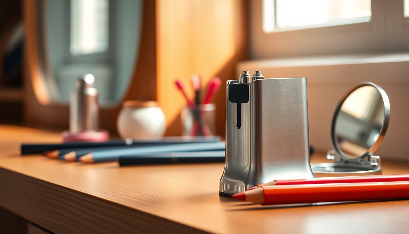 Sharpen a cosmetic pencil using a sleek and stylish cosmetic pencil sharpener on a wooden vanity.