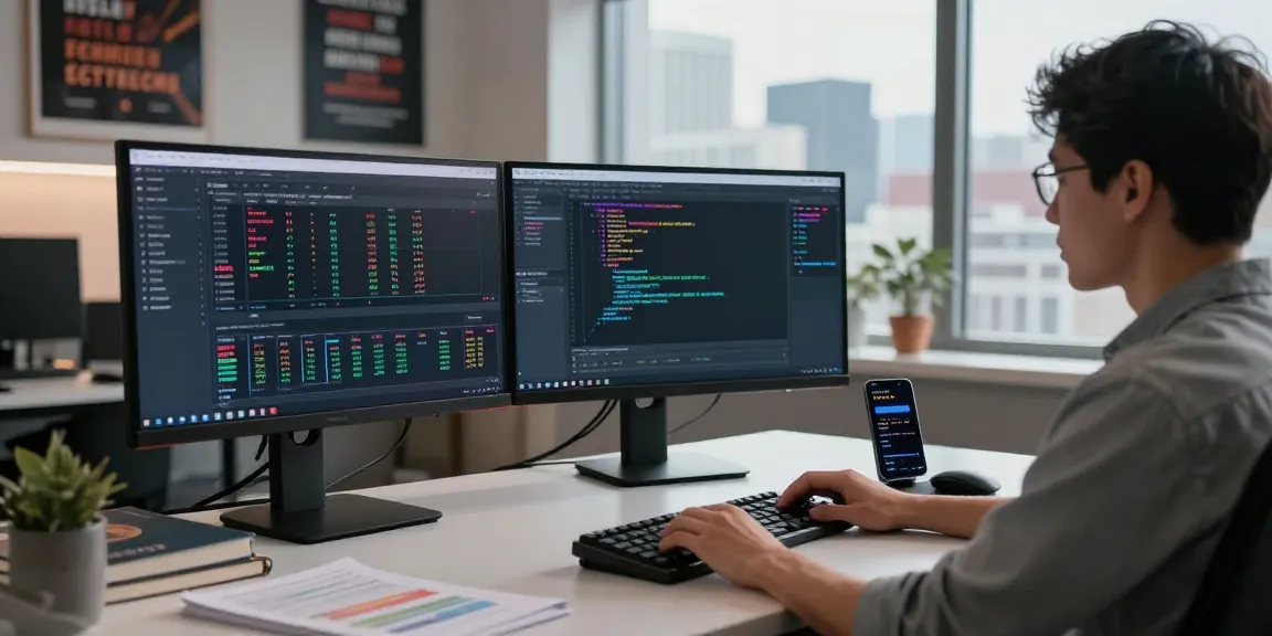 Developer analyzing multi-ticker HK stock batch API data at a modern workspace, equipped with multiple monitors and tech tools.