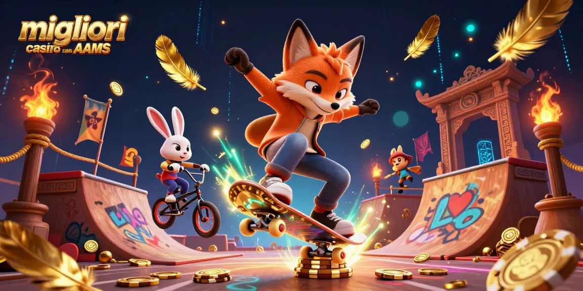 Migliori casino non AAMS: divertiti con il fox skateboarder e la BMX rabbit in un vibrante ambiente casinò.