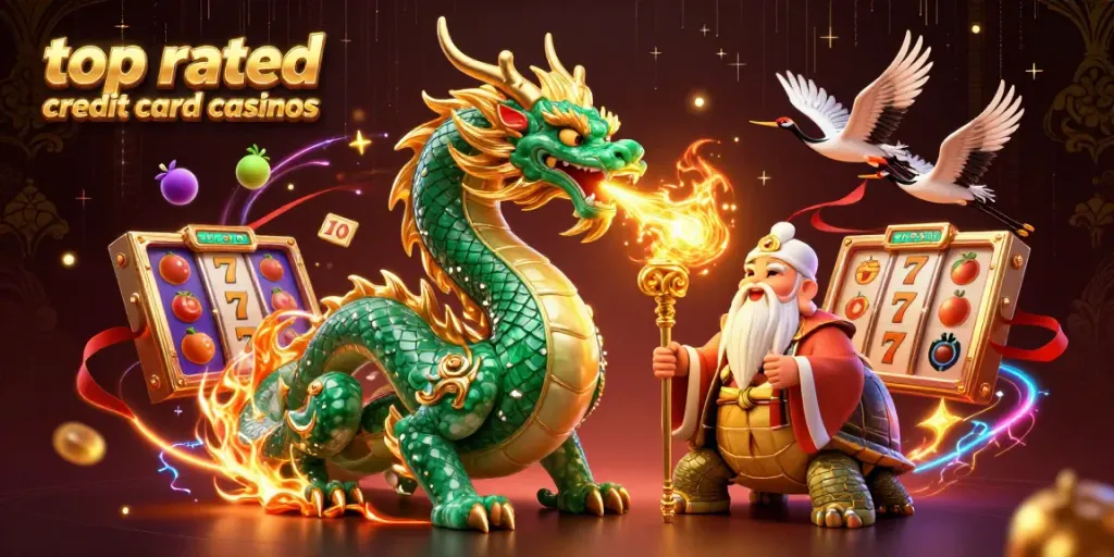 Engage with top rated credit card casinos, showcasing a dragon, turtle sage, and game elements in a vibrant scene.