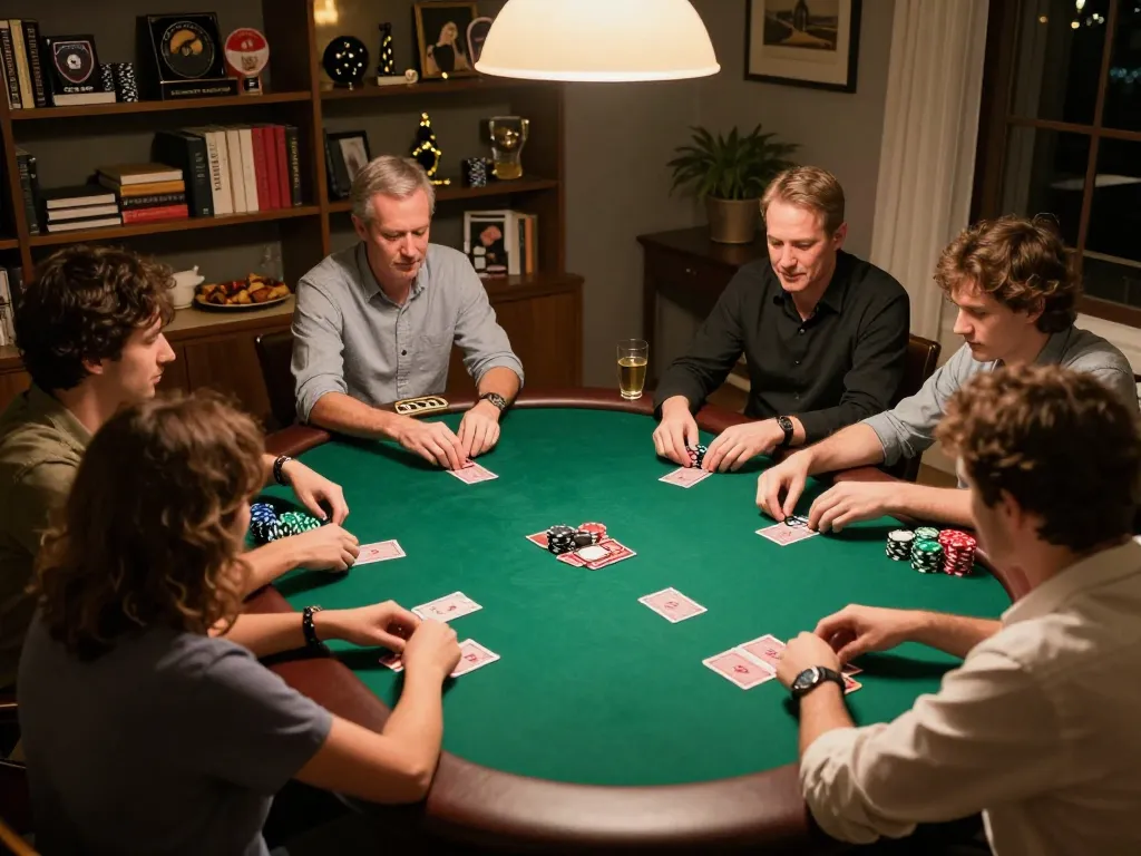 Skena poker rumah Toto Macau yang menampilkan pemain yang terlibat dalam strategi dengan kartu dan chip.