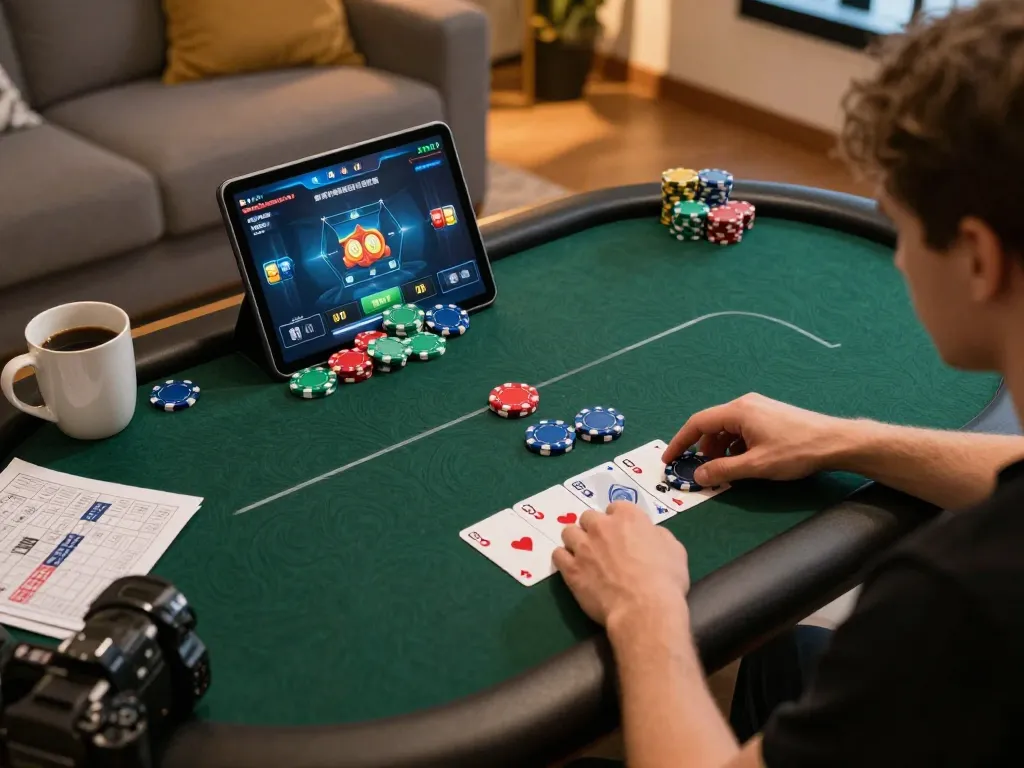 Engaging home poker session showcasing sc888 online gameplay with a tablet, chips, and strategy notes