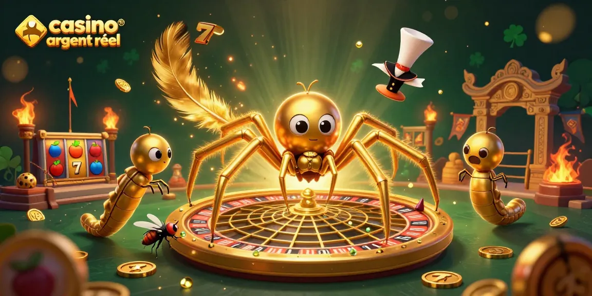 Parier avec un casino en ligne argent réel, la scène dynamique montre une araignée d'or et un croupier centipède.
