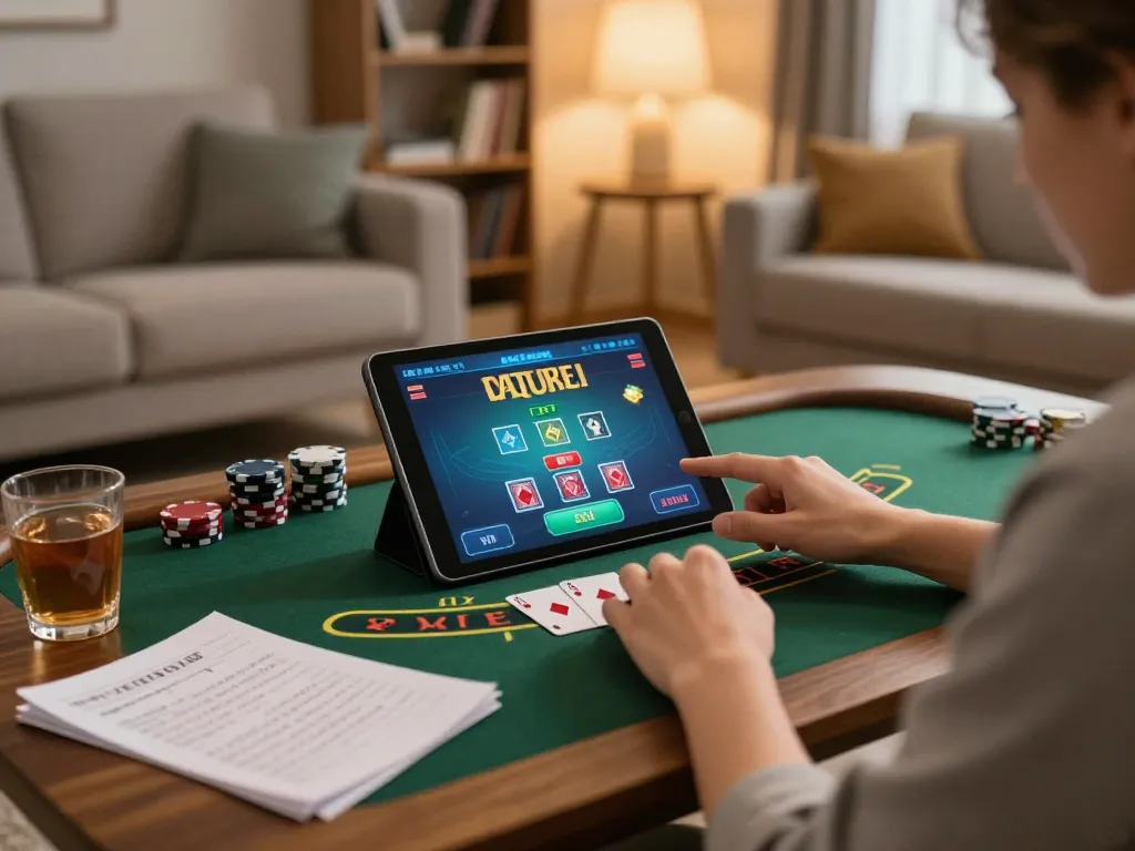 Engaged player enjoying online blackjack at open88 trang chủ in a cozy living room.