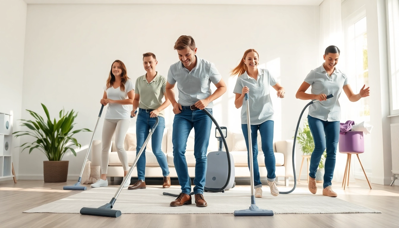 Team offering cleaning services near me effectively organizing a modern living room.