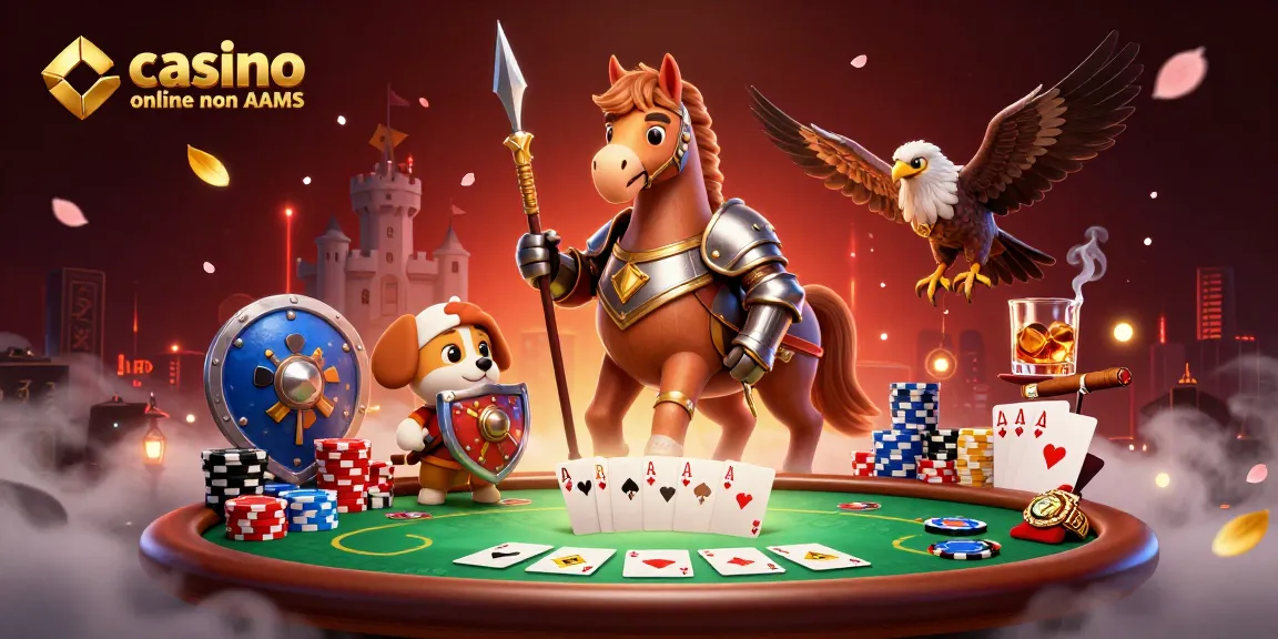 Gioca ai migliori casino online non AAMS con un cavaliere medievale, un cucciolo scudiero e un falco, circondati da tavoli da poker e gettoni.