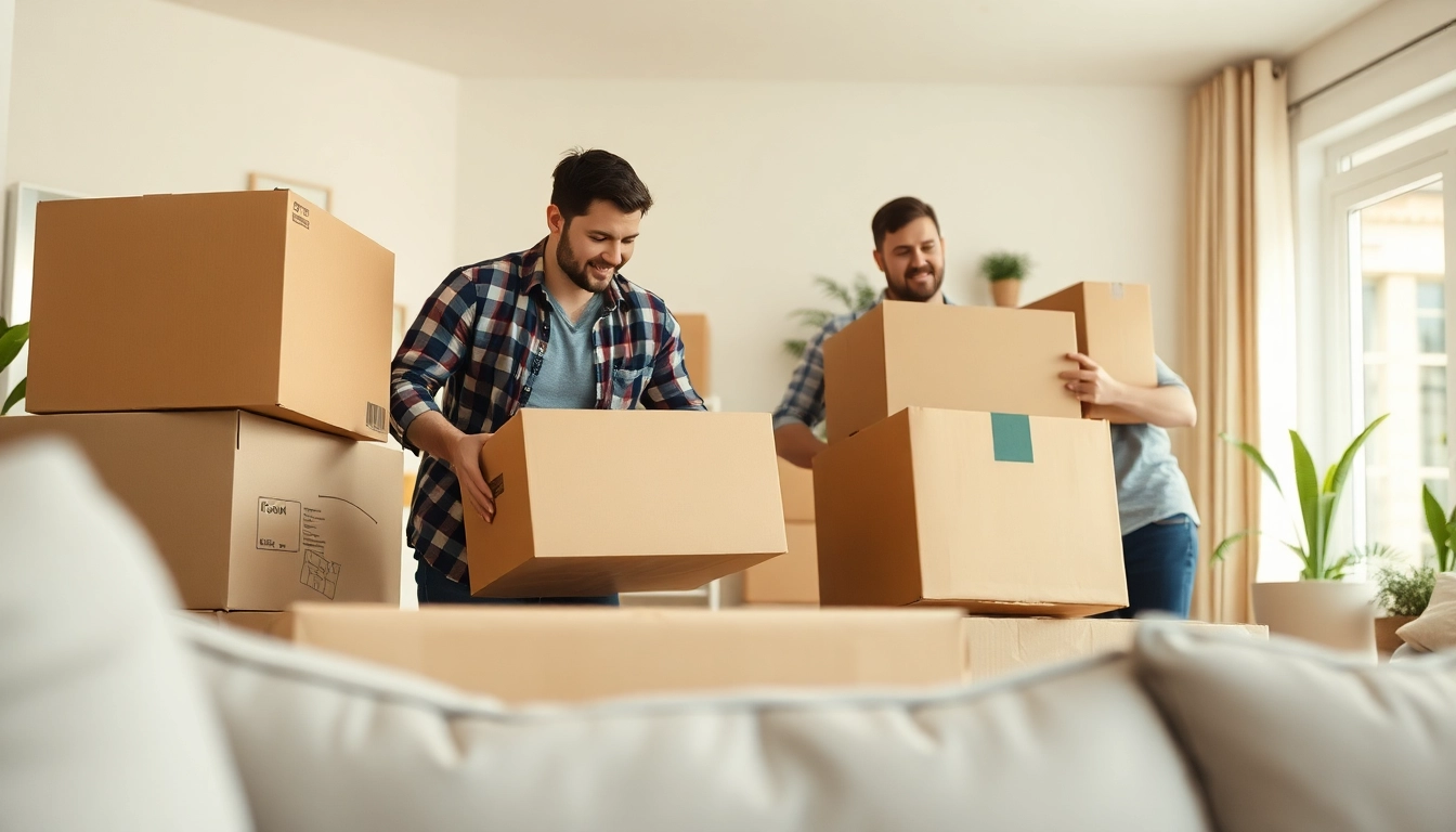 Cullen moving professionals expertly handling furniture and boxes in a well-lit home.