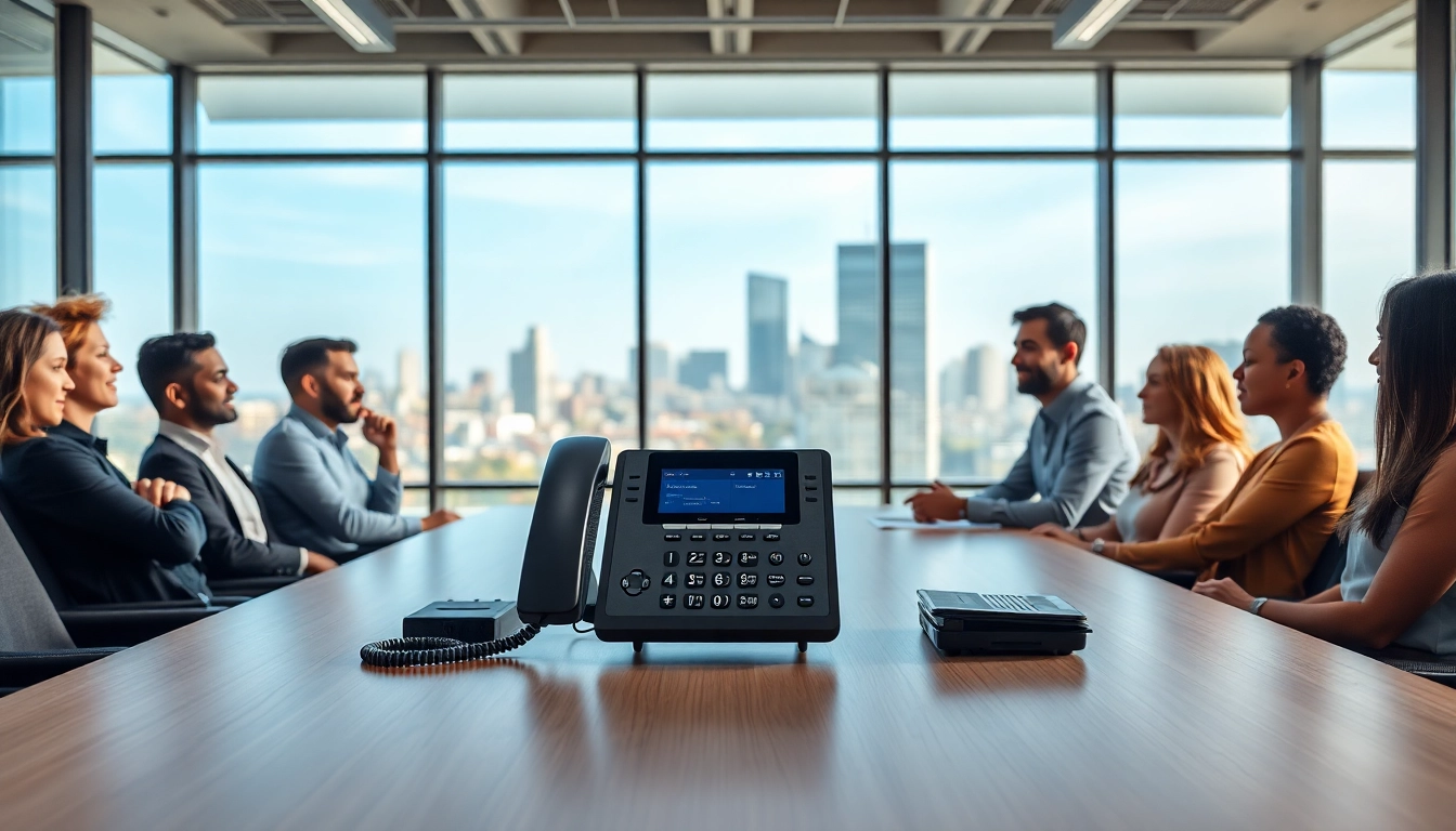 Showcasing a modern small business phone service setup in a vibrant office environment.