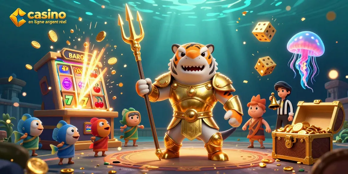 Plongez dans l'univers du casino en ligne argent réel avec un requin-tigre en armure dorée, trident à la main, entouré de machines à sous explosant de pièces.