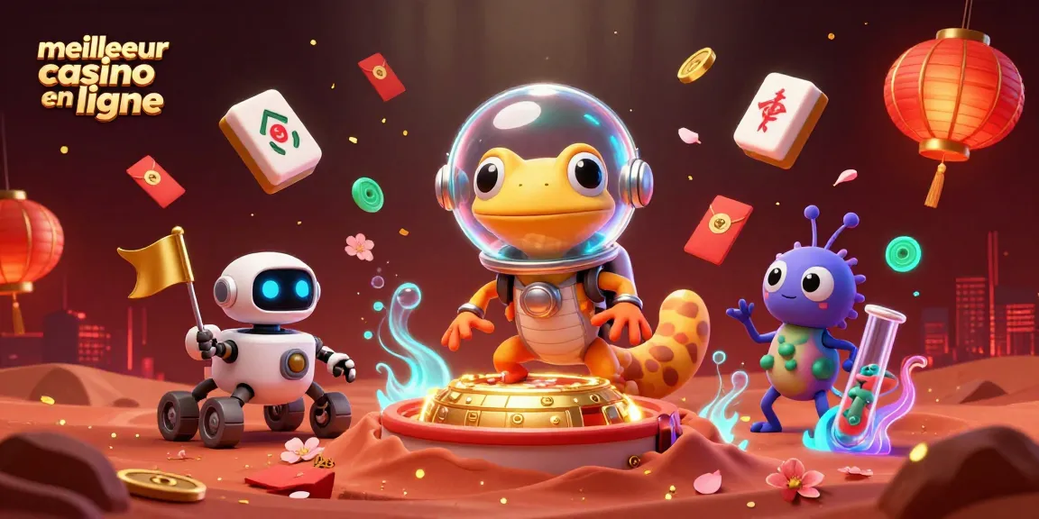Profitez du meilleur casino en ligne avec une animation ludique d'un gecko martien découvrant une vaste salle de jeu.