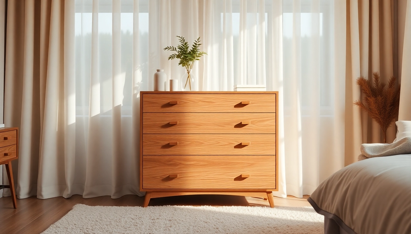 Stylish chest of drawers in a cozy bedroom setting, showcasing elegant wood grain and natural decor.