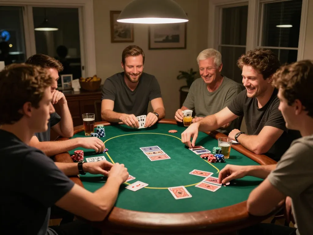 Players enjoying a lively home poker night, engaging in gameplay with sc88-bm cards and chips, warm atmosphere.