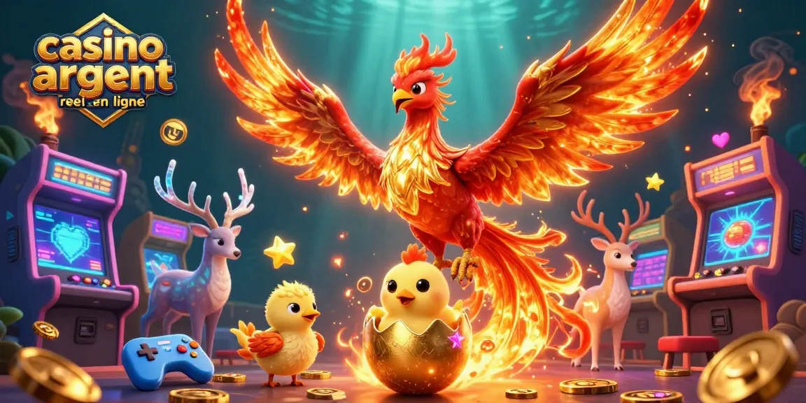 Découvrez une scène dynamique de casino argent réel en ligne avec un phoenix et des machines à sous colorées.