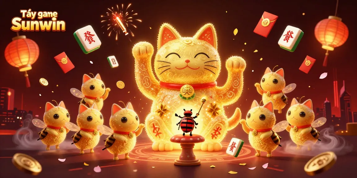 Experience Tải game Sunwin with a dynamic 3D illustration of casino elements and lucky cat.