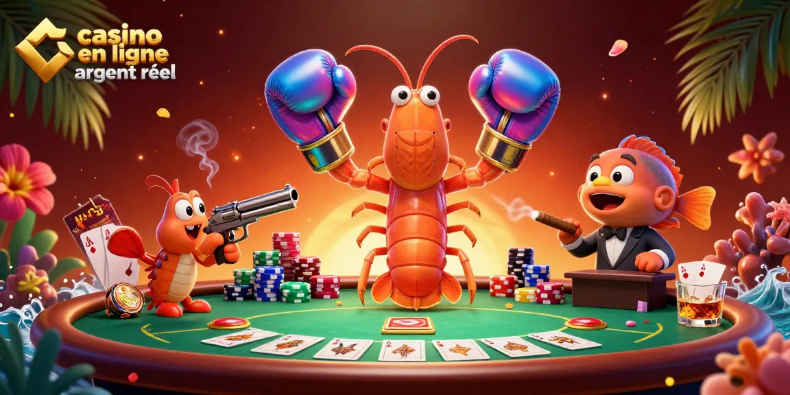 Jouer au casino en ligne argent réel avec des personnages animés et des éléments de poker colorés.