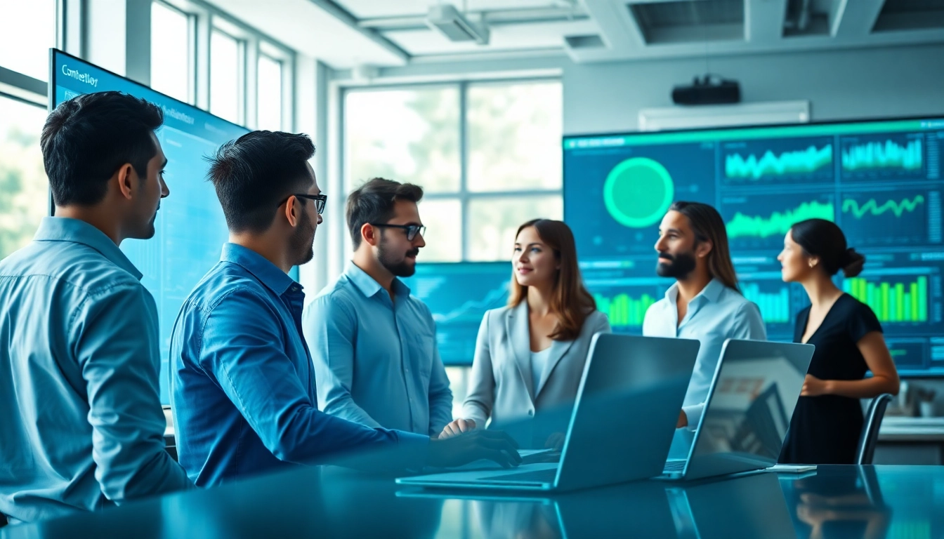 Analyzing AI for competitive intelligence in a modern office setting with diverse professionals.