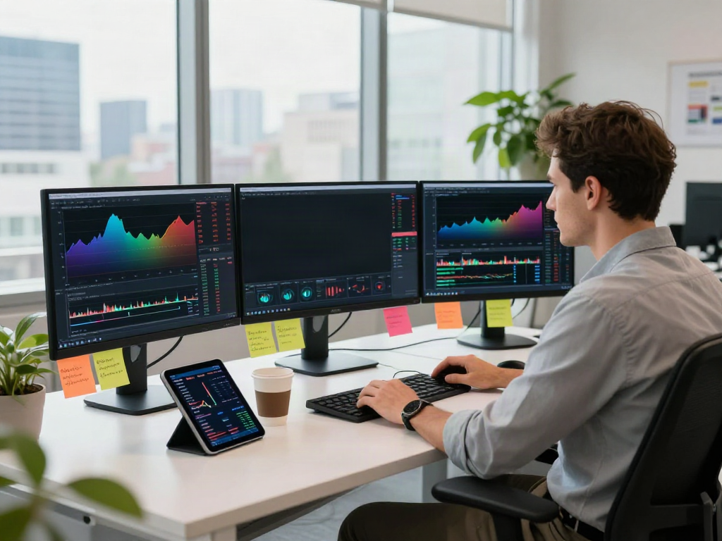 TradingView trading setup with multiple monitors, charts, and coffee in a modern workspace.