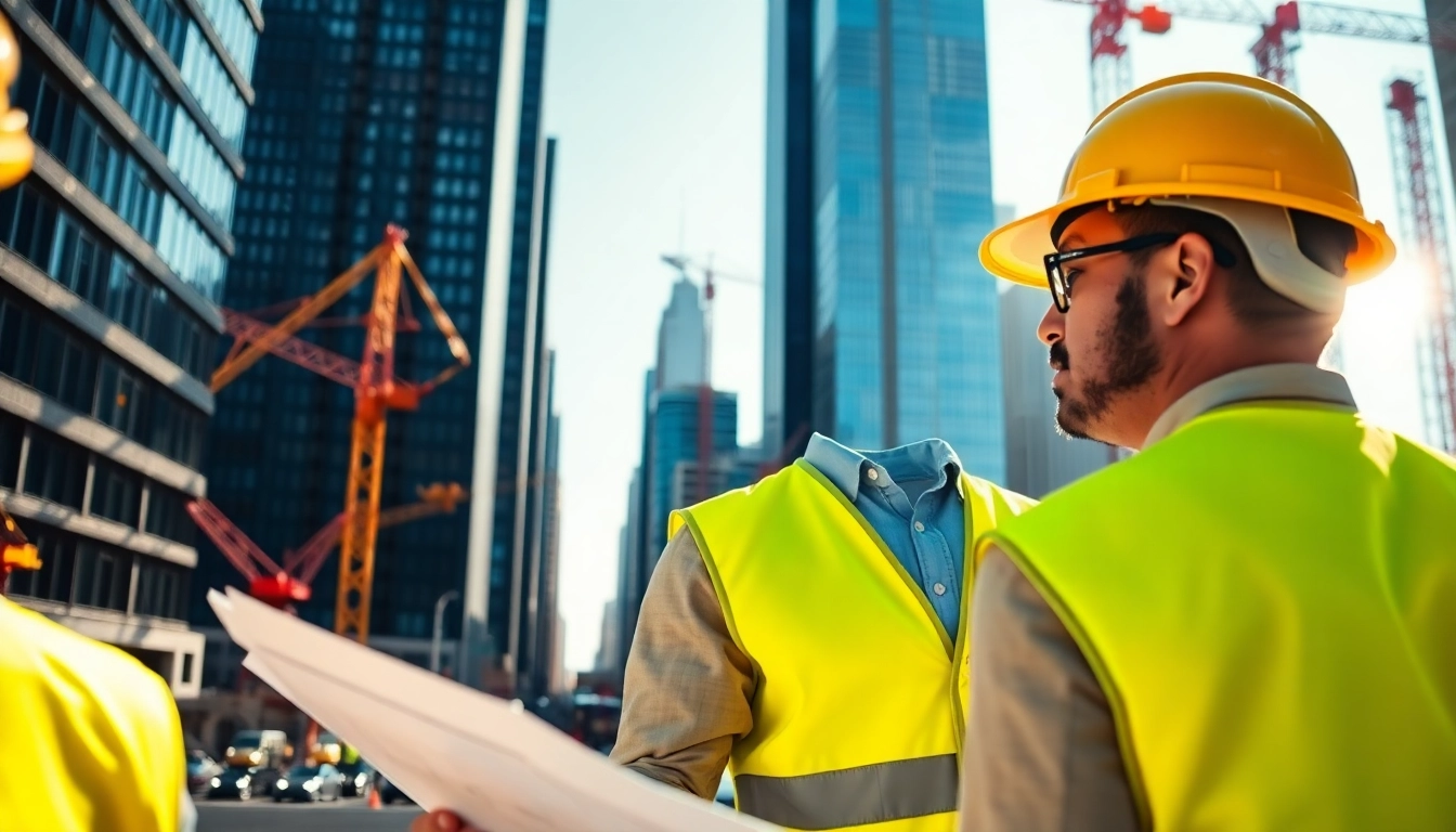 New York City Construction Manager reviewing blueprints on an active urban site.
