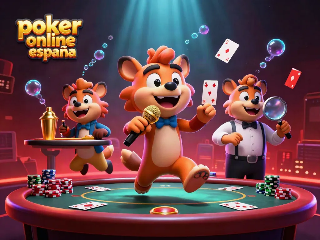 Poker online España: ¡Diviértete jugando en las mejores mesas de póker con amigos en esta animada escena!