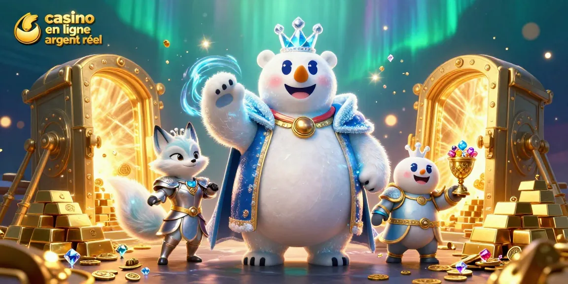 Gagner au casino en ligne argent réel avec un roi polaire animé et son compagnon, dans un monde de trésors scintillants.