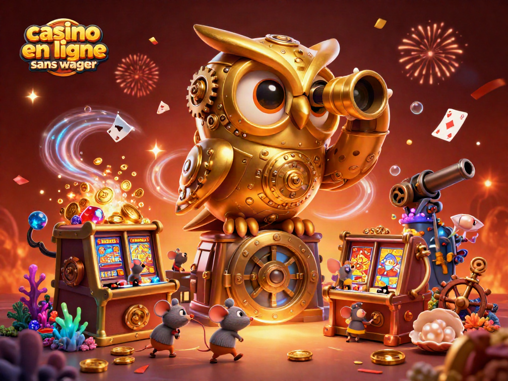 Illustration colorée de casino en ligne sans wager avec une chouette en or et des souris entre les machines à sous.